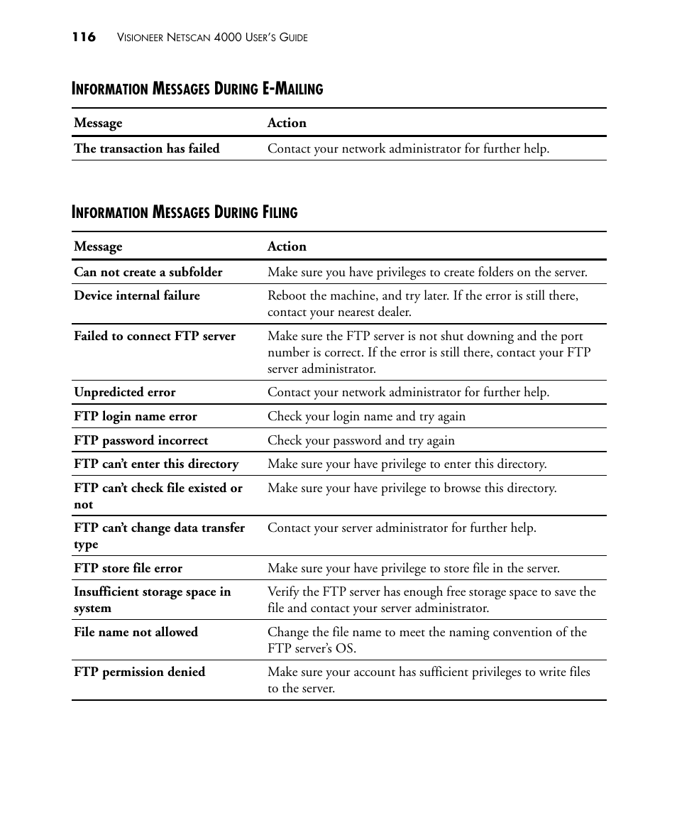 Information messages during filing | Visioneer NETSCAN 4000 User Manual | Page 123 / 186