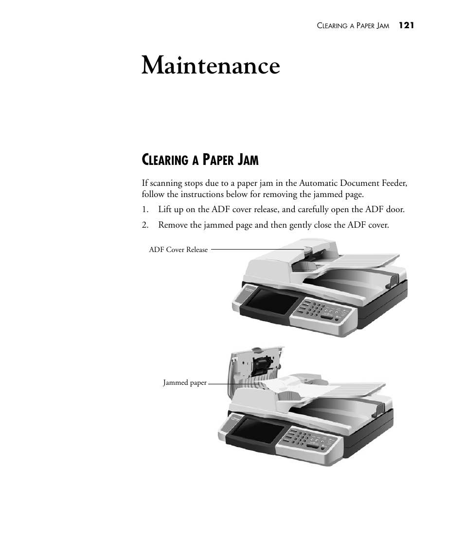 Maintenance, Clearing a paper jam, Learing | Aper | Visioneer NETSCAN 4000 User Manual | Page 128 / 186