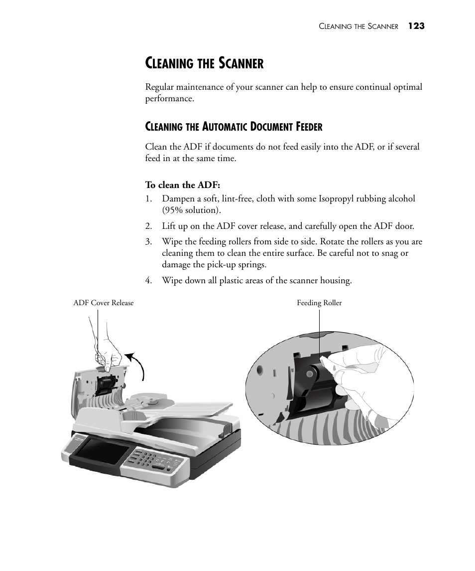 Cleaning the scanner, Cleaning the automatic document feeder, Leaning | Canner | Visioneer NETSCAN 4000 User Manual | Page 130 / 186