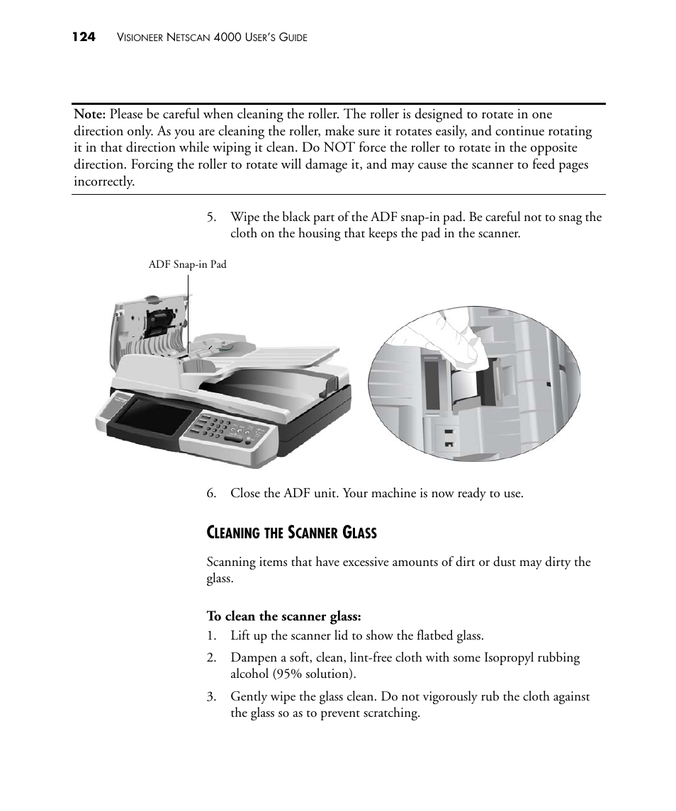 Cleaning the scanner glass | Visioneer NETSCAN 4000 User Manual | Page 131 / 186