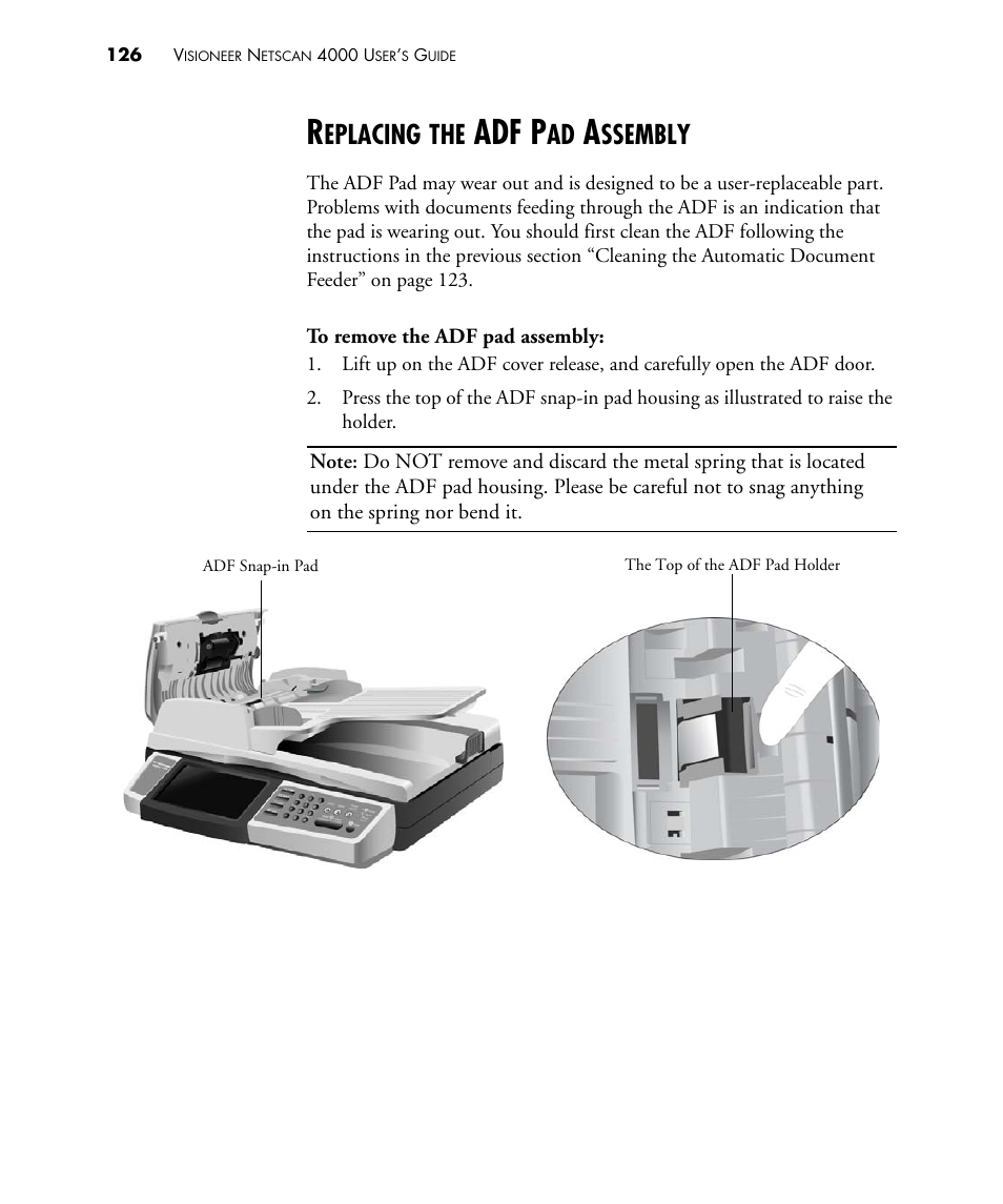 Replacing the adf pad assembly, Adf p, Eplacing | Ssembly | Visioneer NETSCAN 4000 User Manual | Page 133 / 186