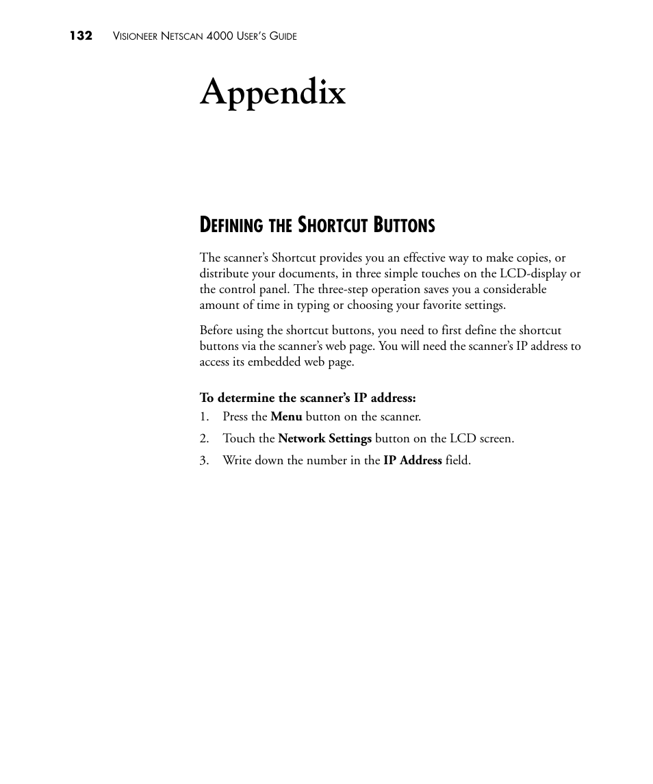 Appendix, Defining the shortcut buttons, Efining | Hortcut, Uttons | Visioneer NETSCAN 4000 User Manual | Page 139 / 186