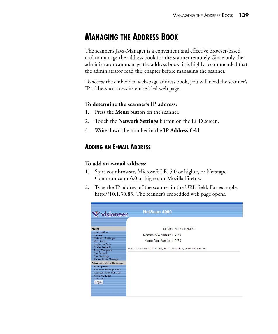 Managing the address book, Adding an e-mail address, Anaging | Ddress | Visioneer NETSCAN 4000 User Manual | Page 146 / 186