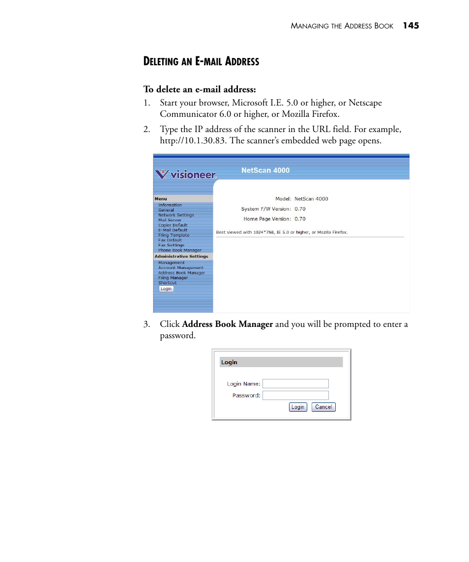 Deleting an e-mail address | Visioneer NETSCAN 4000 User Manual | Page 152 / 186