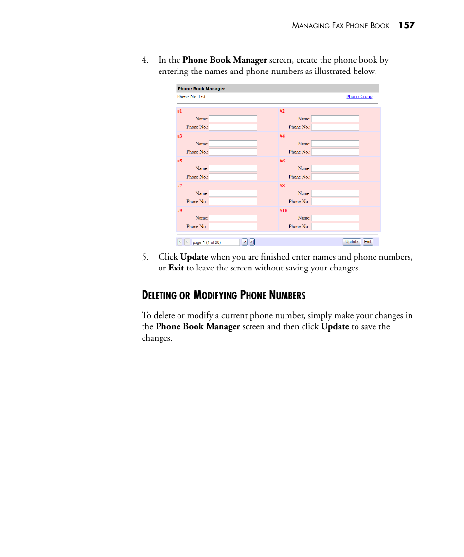 Deleting or modifying phone numbers | Visioneer NETSCAN 4000 User Manual | Page 164 / 186