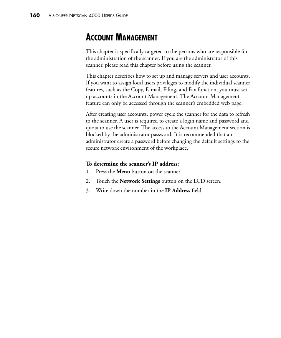 Account management, Ccount, Anagement | Visioneer NETSCAN 4000 User Manual | Page 167 / 186