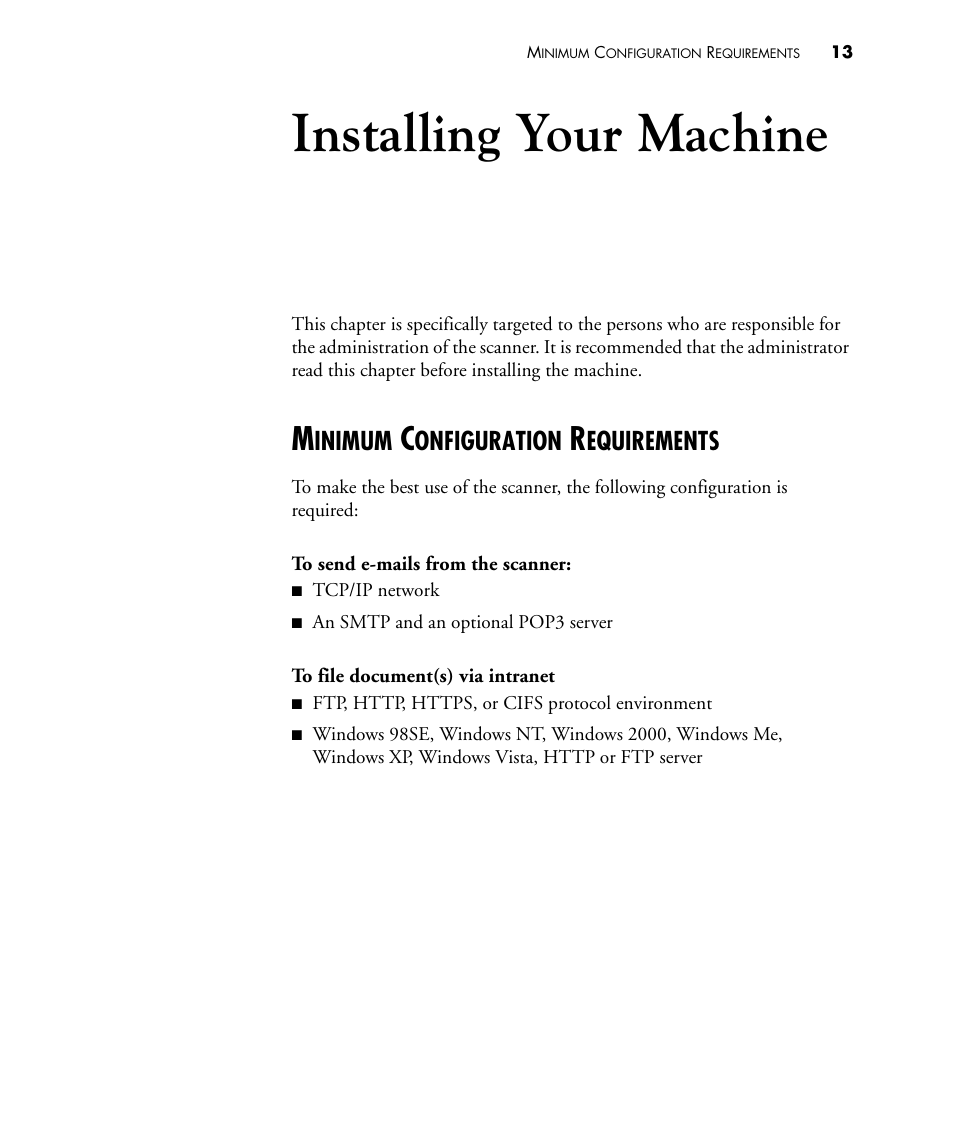 Installing your machine, Minimum configuration requirements, Inimum | Onfiguration, Equirements | Visioneer NETSCAN 4000 User Manual | Page 20 / 186