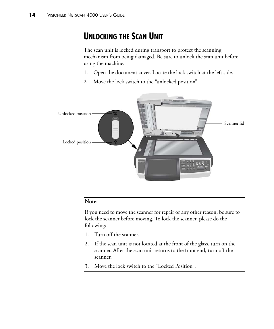 Unlocking the scan unit, Nlocking | Visioneer NETSCAN 4000 User Manual | Page 21 / 186
