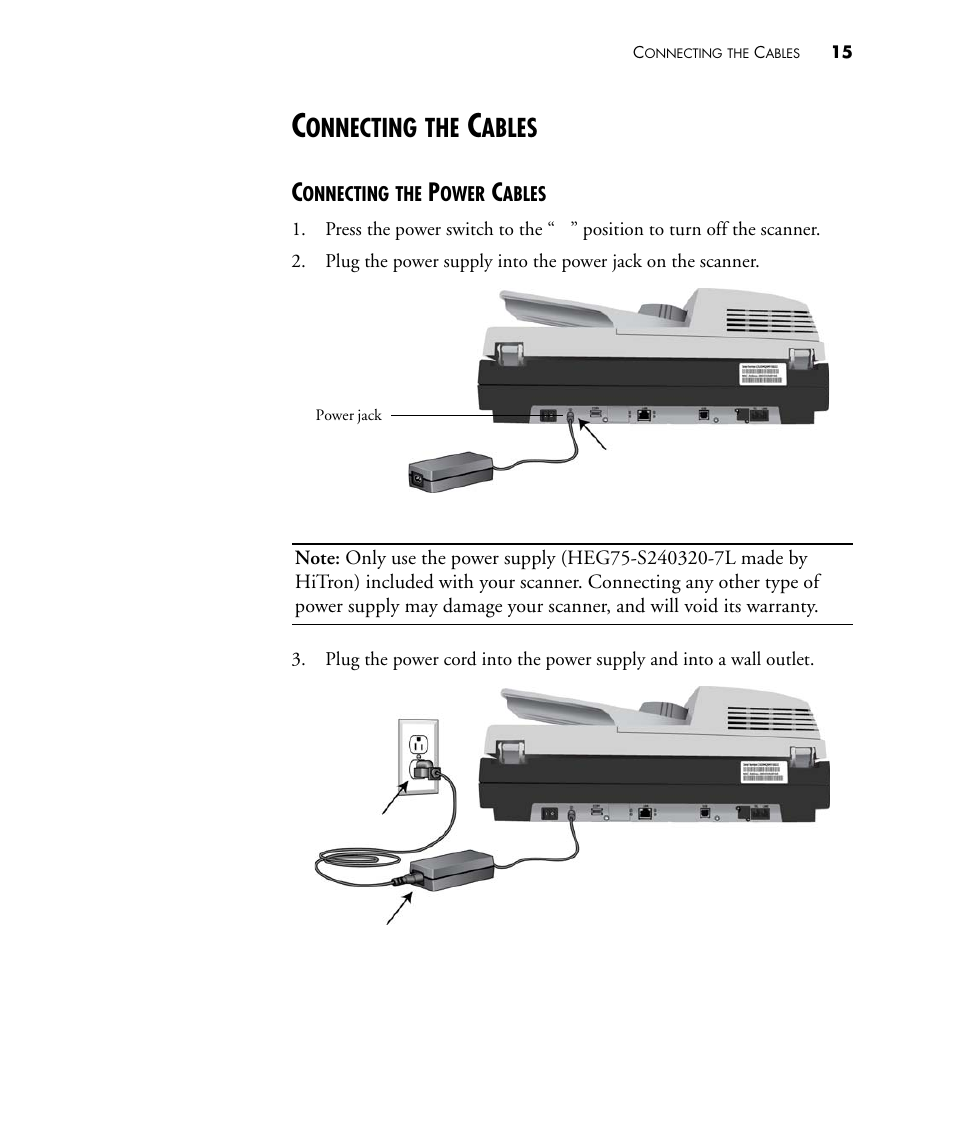 Connecting the cables, Connecting the power cables, Onnecting | Ables | Visioneer NETSCAN 4000 User Manual | Page 22 / 186