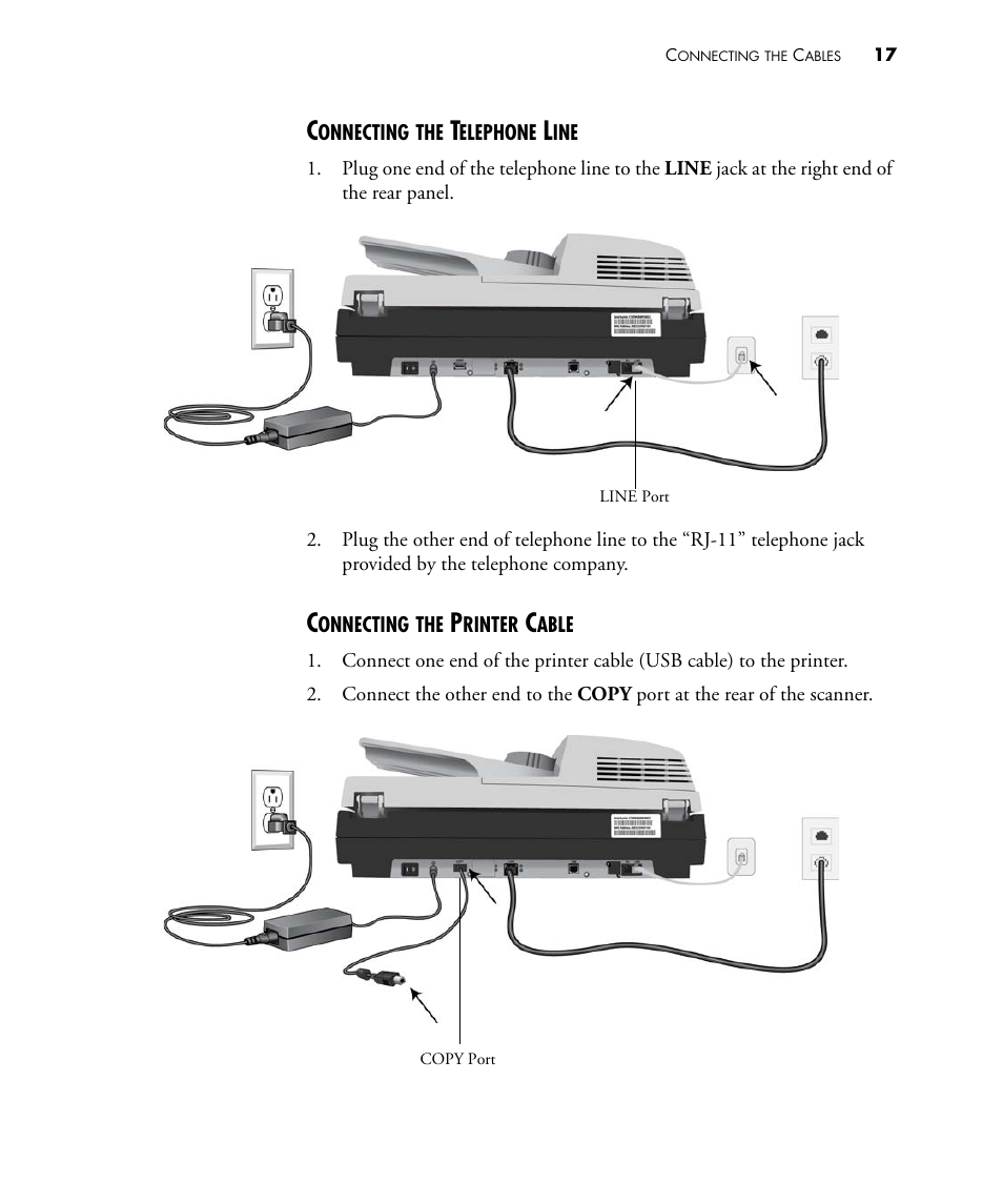 Connecting the telephone line, Connecting the printer cable | Visioneer NETSCAN 4000 User Manual | Page 24 / 186