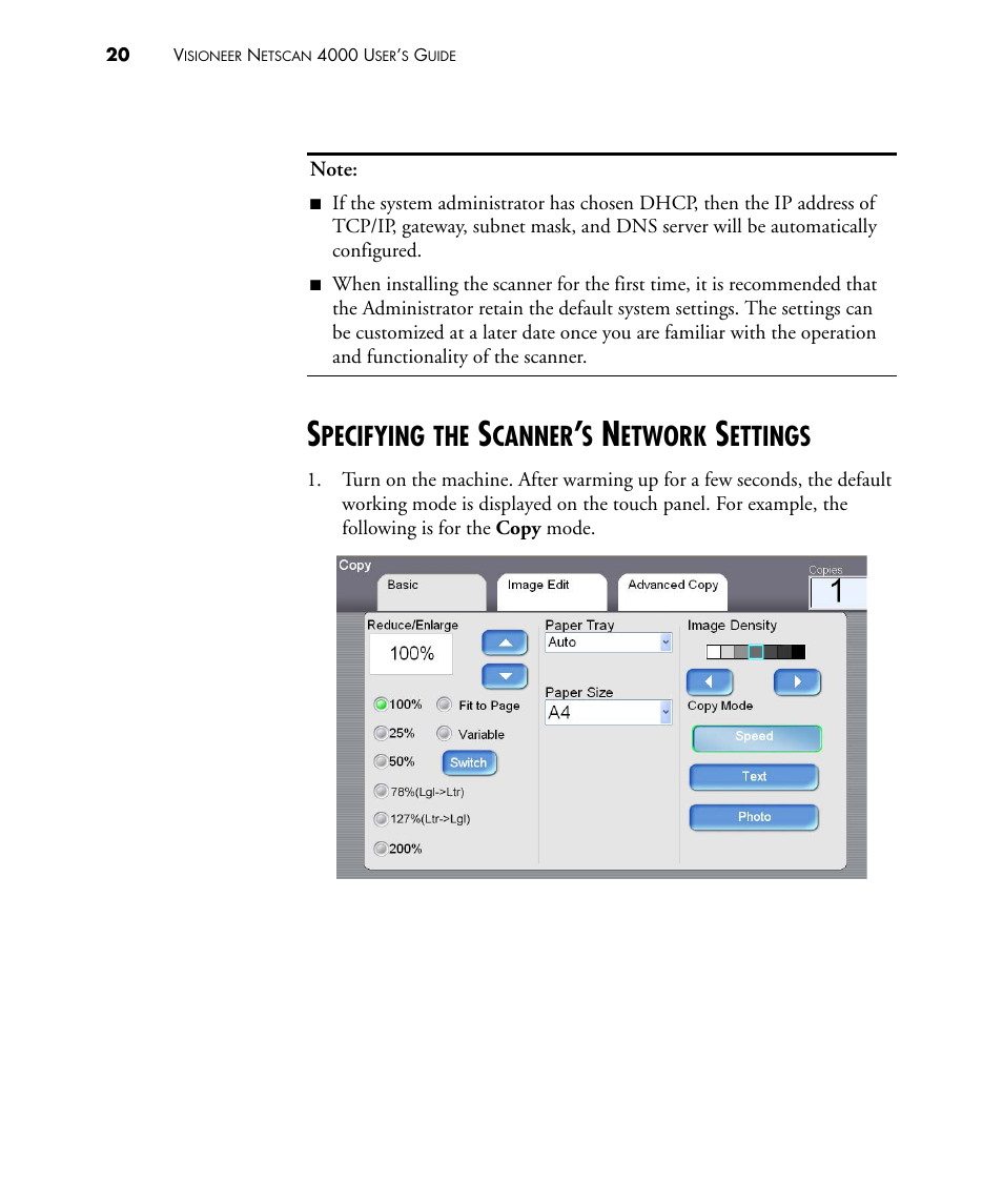 Specifying the scanner’s network settings, Pecifying, Canner | Etwork, Ettings | Visioneer NETSCAN 4000 User Manual | Page 27 / 186