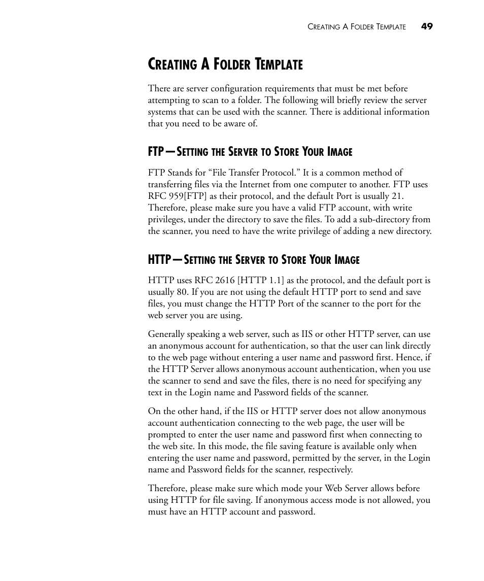 Creating a folder template, Ftp—setting the server to store your image, Http—setting the server to store your image | Reating, Older, Emplate | Visioneer NETSCAN 4000 User Manual | Page 56 / 186