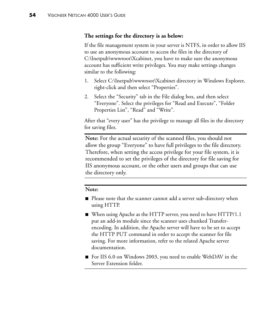 The settings for the directory is as below | Visioneer NETSCAN 4000 User Manual | Page 61 / 186