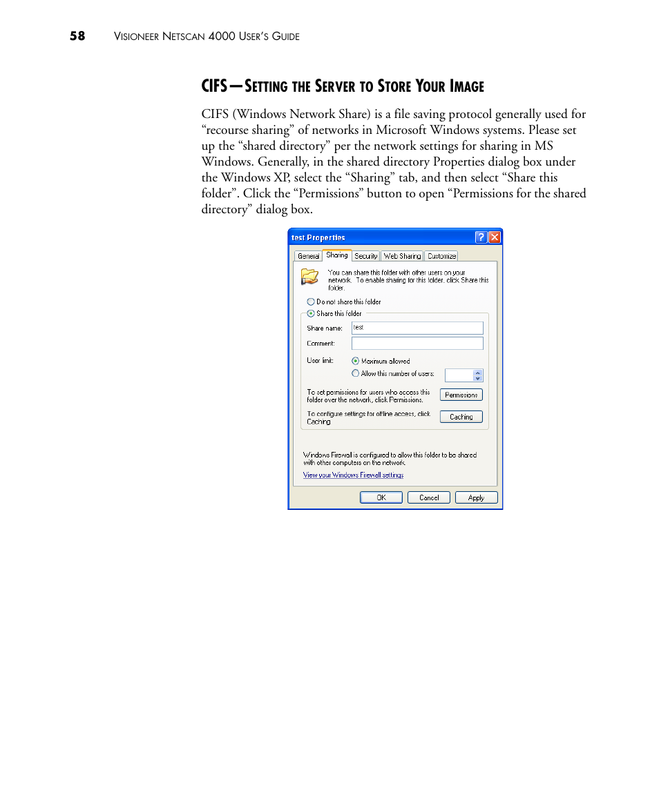 Cifs—setting the server to store your image, Cifs—s | Visioneer NETSCAN 4000 User Manual | Page 65 / 186