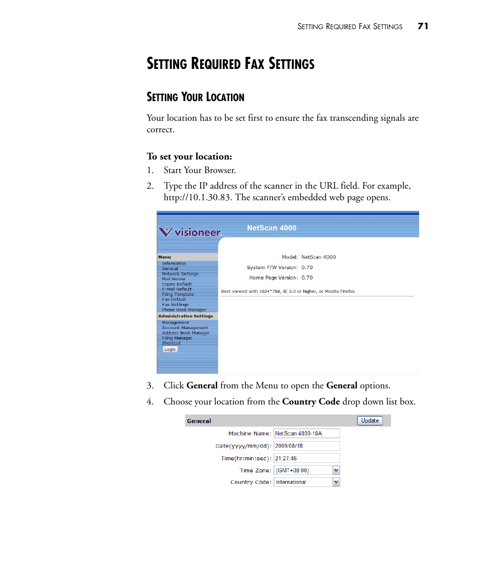 Setting required fax settings, Setting your location, Etting | Equired, Ettings | Visioneer NETSCAN 4000 User Manual | Page 78 / 186