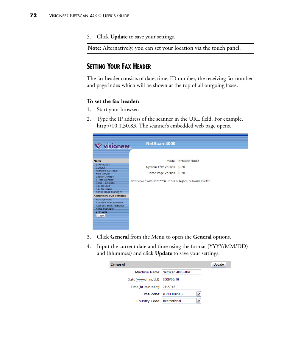 Setting your fax header | Visioneer NETSCAN 4000 User Manual | Page 79 / 186