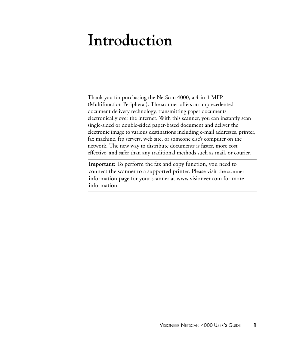 Introduction | Visioneer NETSCAN 4000 User Manual | Page 8 / 186