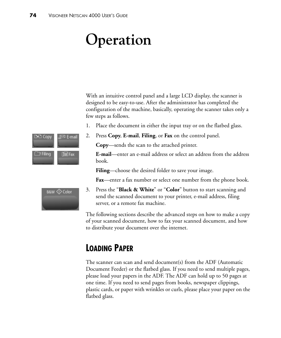Operation, Loading paper, Oading | Aper | Visioneer NETSCAN 4000 User Manual | Page 81 / 186