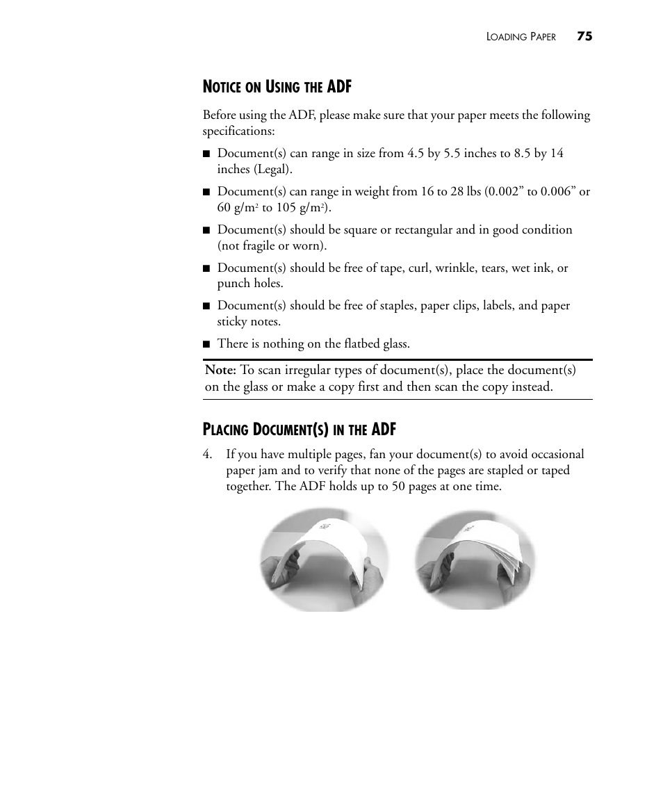 Notice on using the adf, Placing document(s) in the adf | Visioneer NETSCAN 4000 User Manual | Page 82 / 186