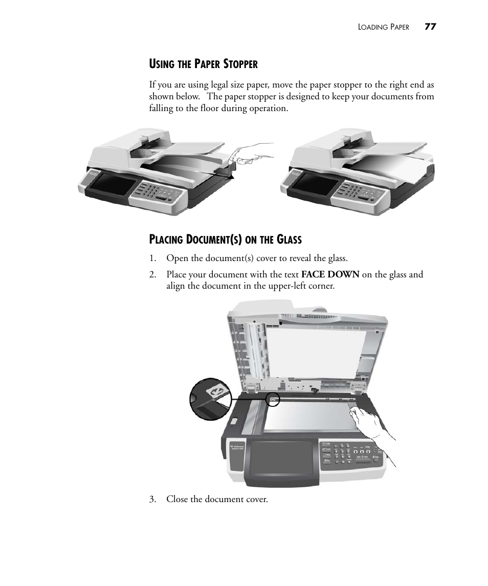 Using the paper stopper, Placing document(s) on the glass | Visioneer NETSCAN 4000 User Manual | Page 84 / 186