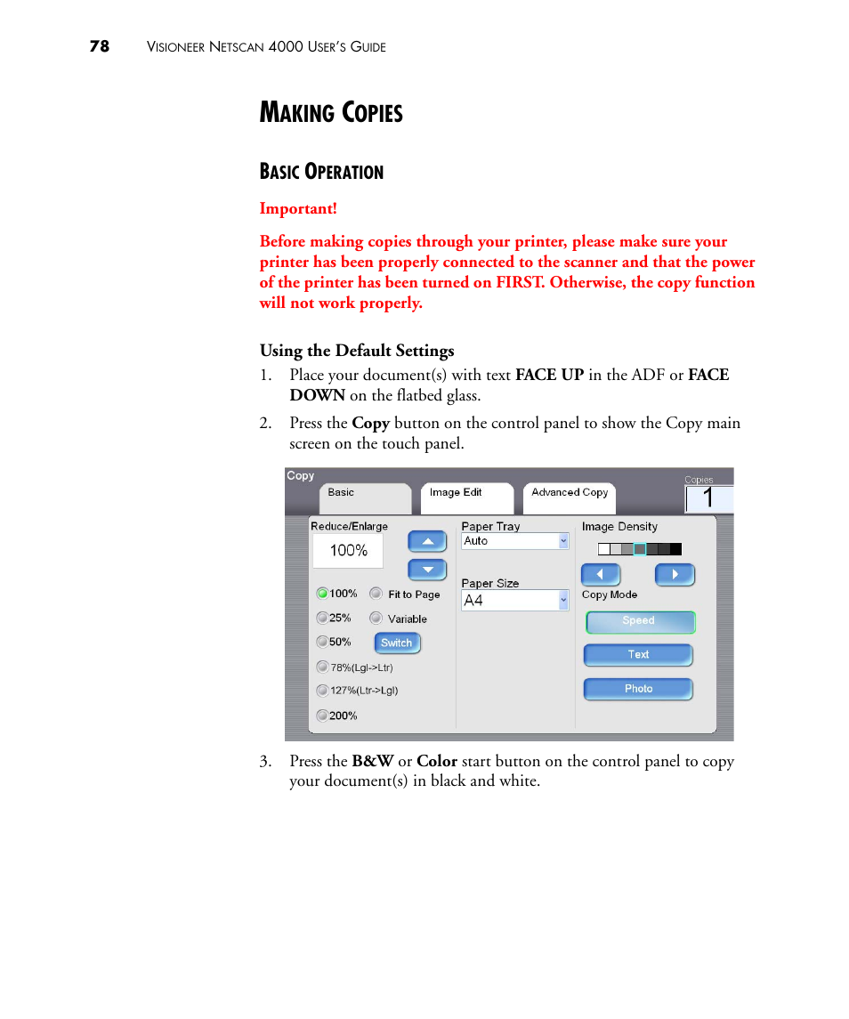 Making copies, Basic operation, Aking | Opies | Visioneer NETSCAN 4000 User Manual | Page 85 / 186