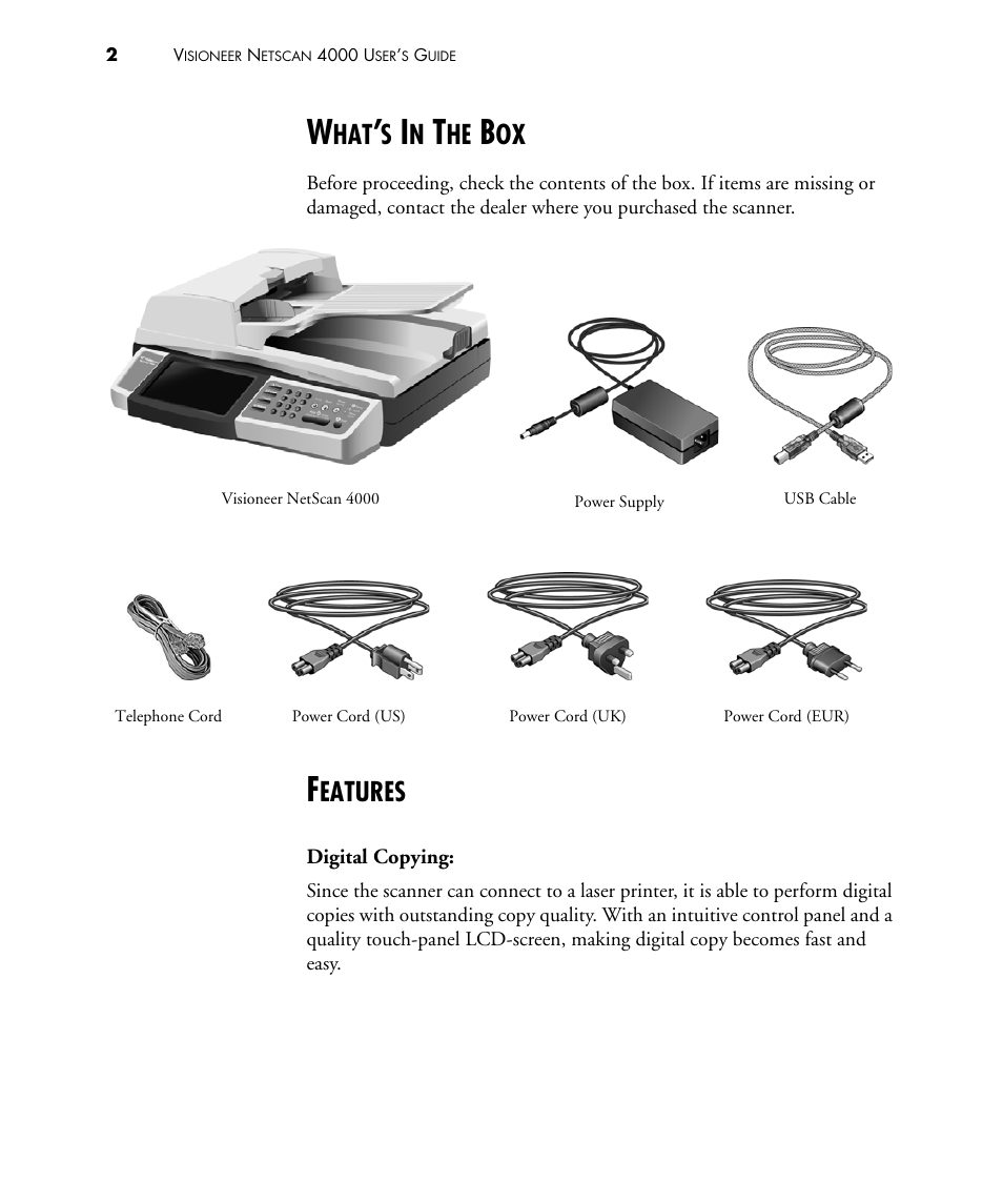 What’s in the box, Features, What’s in the box features | Eatures | Visioneer NETSCAN 4000 User Manual | Page 9 / 186