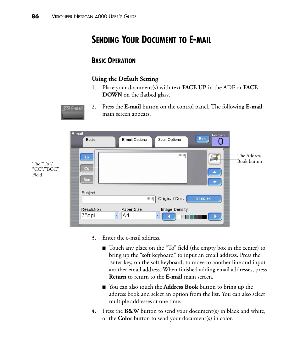 Sending your document to e-mail, Basic operation, Ending | Ocument, Mail | Visioneer NETSCAN 4000 User Manual | Page 93 / 186