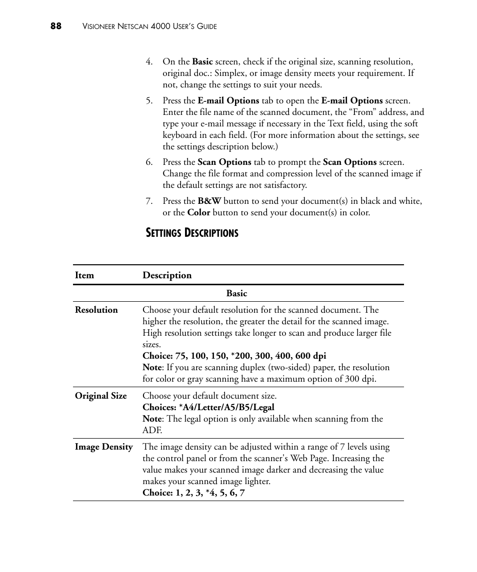Settings descriptions | Visioneer NETSCAN 4000 User Manual | Page 95 / 186