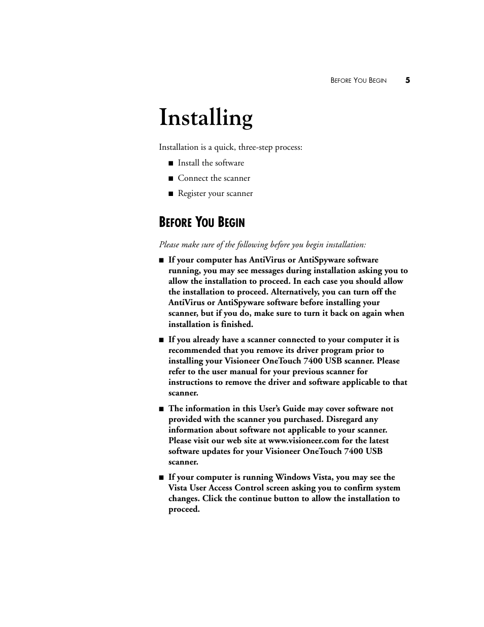 Installing, Before you begin, Efore | Egin | Visioneer OneTouch 7400 User Manual | Page 10 / 122