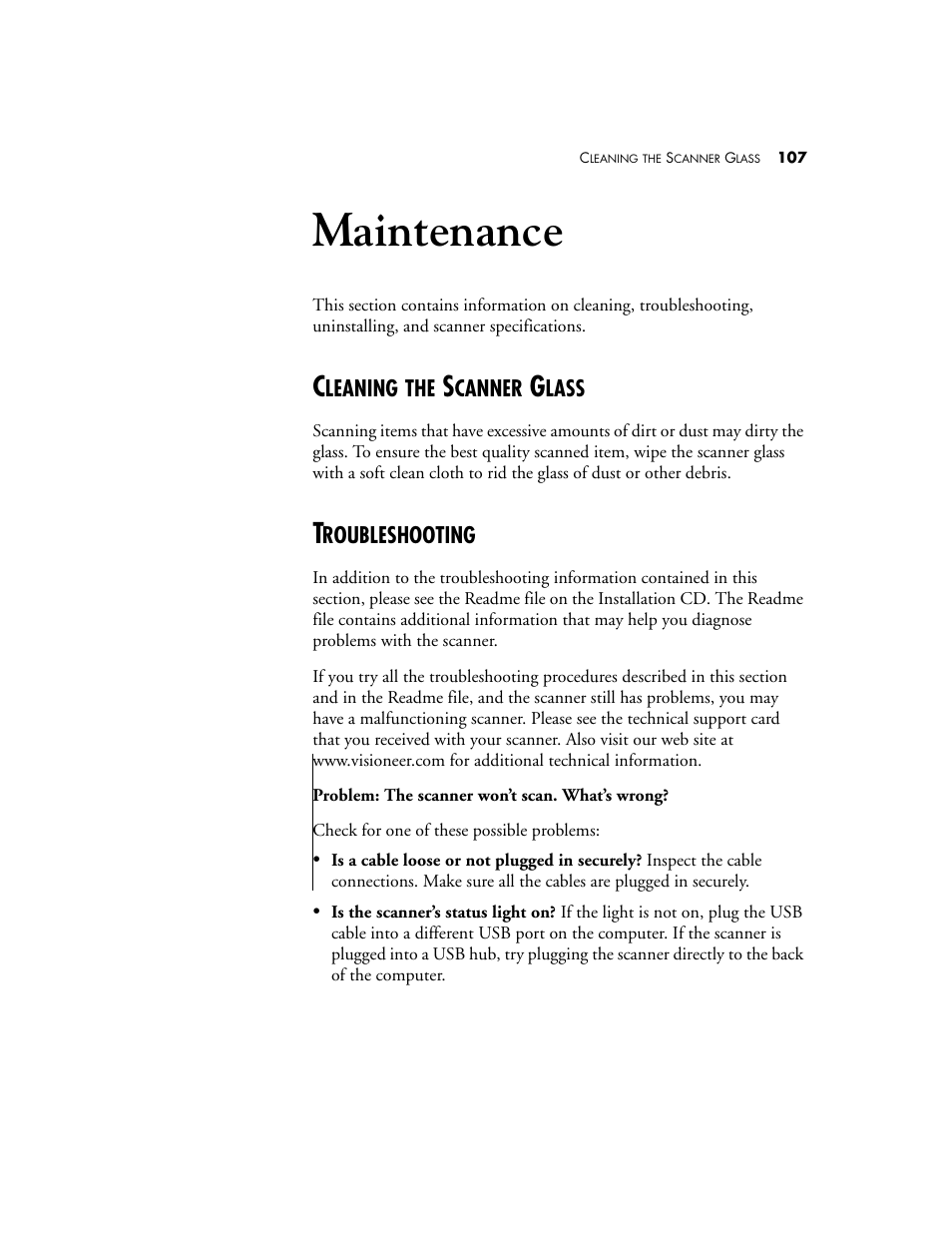 Maintenance, Cleaning the scanner glass, Troubleshooting | Cleaning the scanner glass troubleshooting | Visioneer OneTouch 7400 User Manual | Page 112 / 122