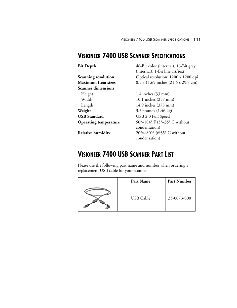 Visioneer 7400 usb scanner specifications, Visioneer 7400 usb scanner part list, 7400 usb s | Isioneer, Canner, Pecifications | Visioneer OneTouch 7400 User Manual | Page 116 / 122