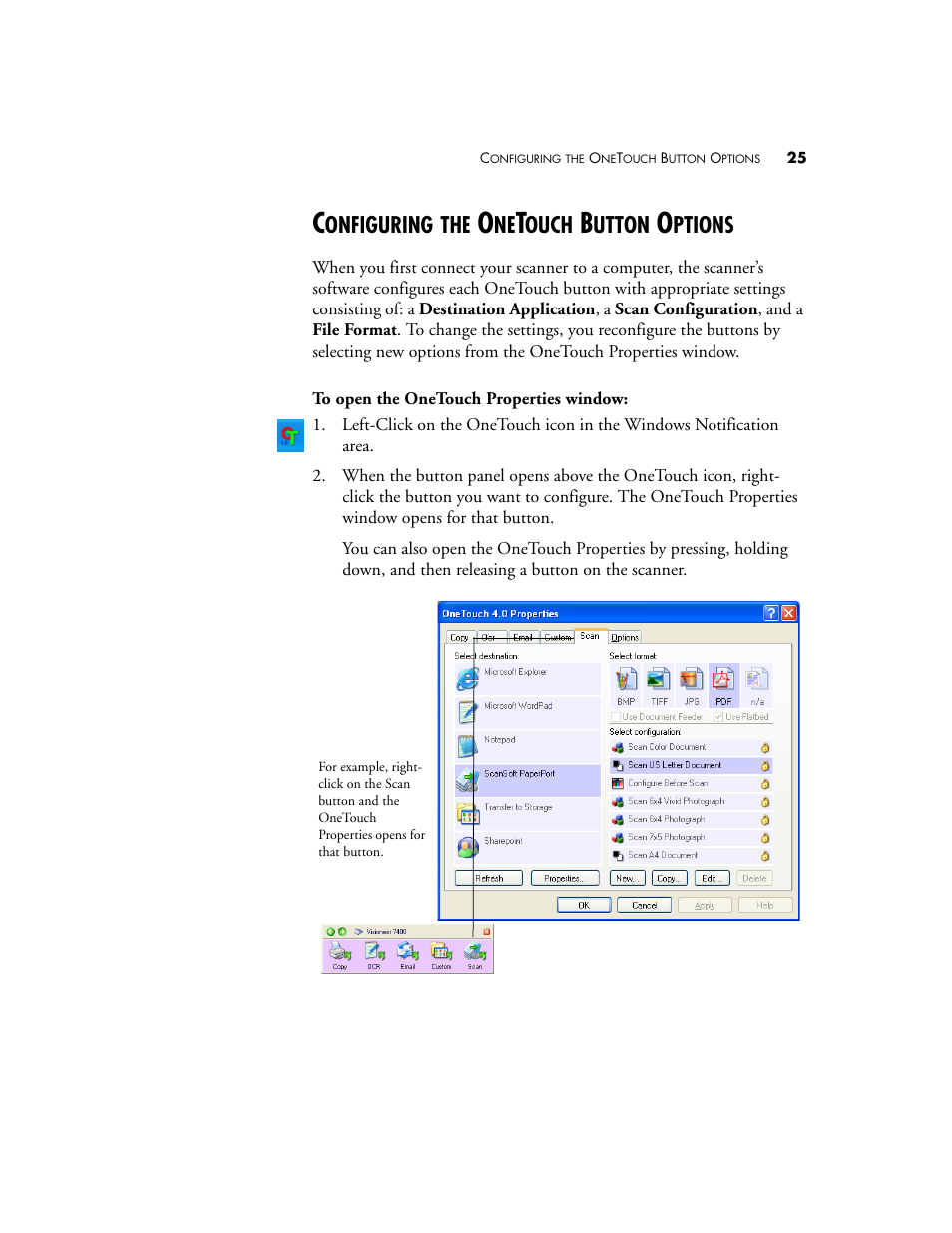 Configuring the onetouch button options, Onfiguring, Ouch | Utton, Ptions | Visioneer OneTouch 7400 User Manual | Page 30 / 122