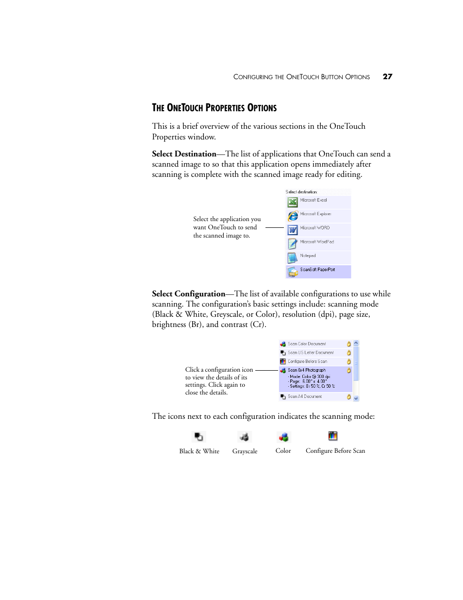 The onetouch properties options | Visioneer OneTouch 7400 User Manual | Page 32 / 122