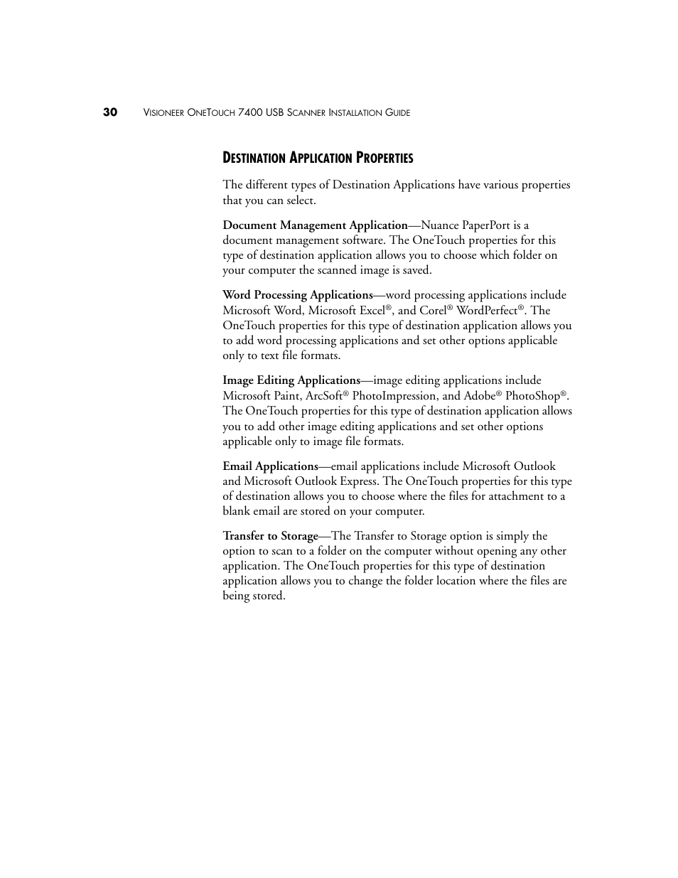 Destination application properties | Visioneer OneTouch 7400 User Manual | Page 35 / 122