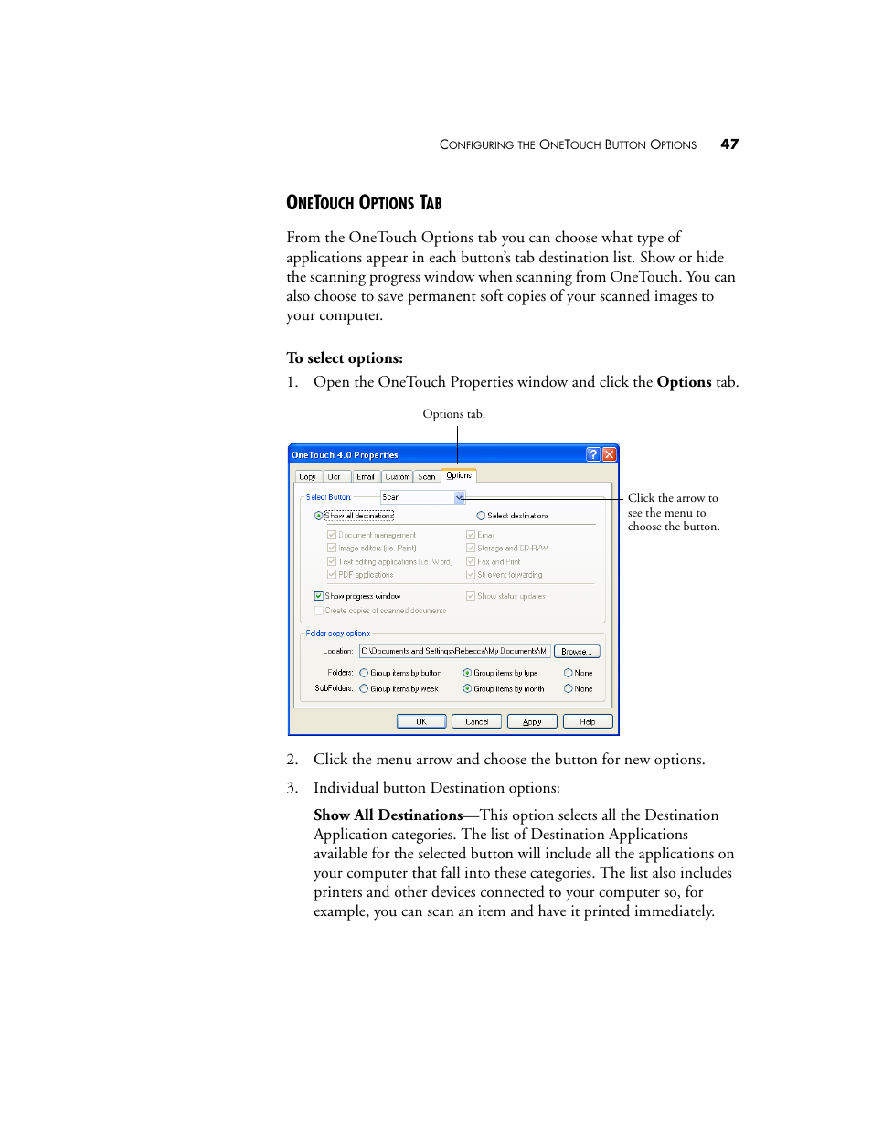 Onetouch options tab | Visioneer OneTouch 7400 User Manual | Page 52 / 122
