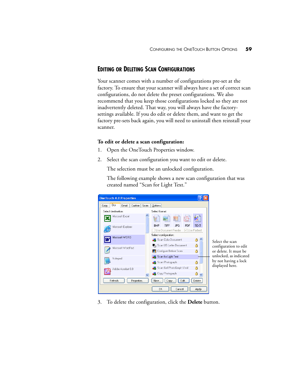 Editing or deleting scan configurations | Visioneer OneTouch 7400 User Manual | Page 64 / 122