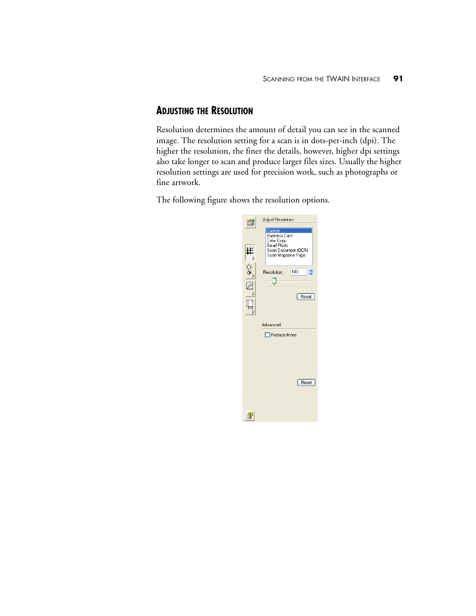 Adjusting the resolution | Visioneer OneTouch 7400 User Manual | Page 96 / 122