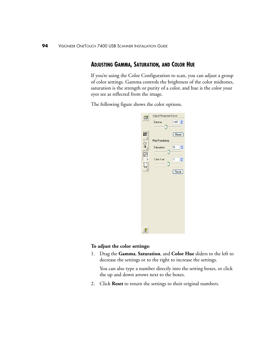 Adjusting gamma, saturation, and color hue | Visioneer OneTouch 7400 User Manual | Page 99 / 122