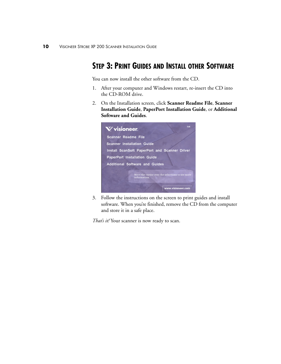 Step 3: print guides and install other software | Visioneer Strobe XP 200 User Manual | Page 14 / 48