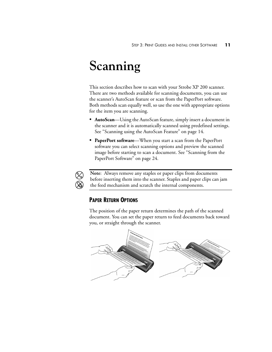Chapter 2: scanning, Paper return options, Scanning | Visioneer Strobe XP 200 User Manual | Page 15 / 48