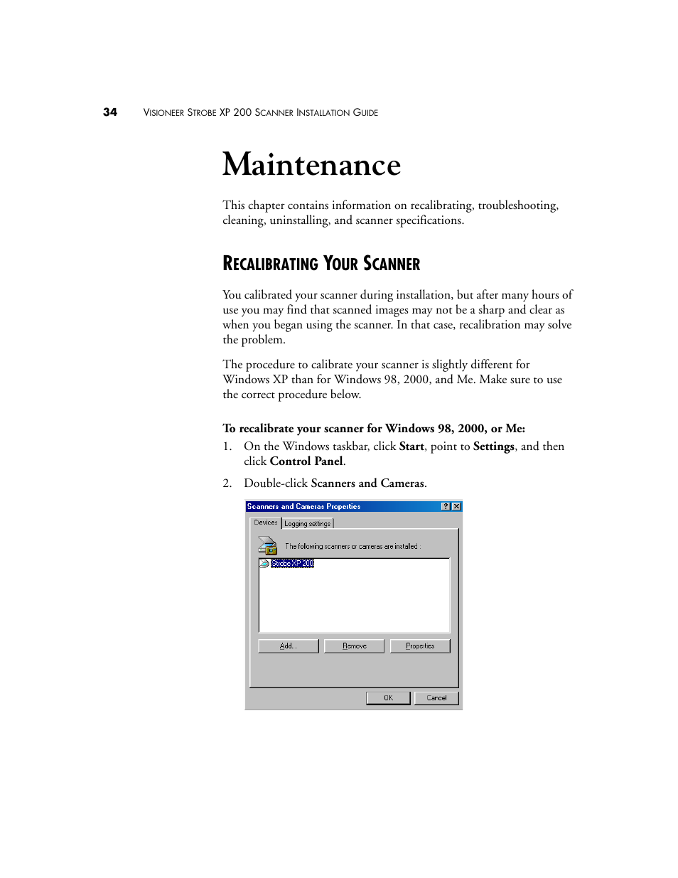 Chapter 3: maintenance, Recalibrating your scanner, Maintenance | Ecalibrating, Canner | Visioneer Strobe XP 200 User Manual | Page 38 / 48