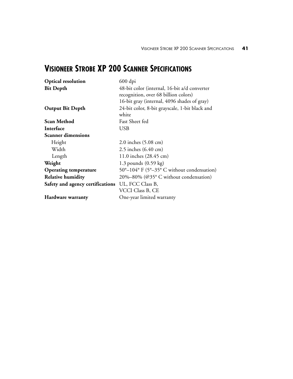 Visioneer strobe xp 200 scanner specifications, Xp 200 s, Isioneer | Trobe, Canner, Pecifications | Visioneer Strobe XP 200 User Manual | Page 45 / 48