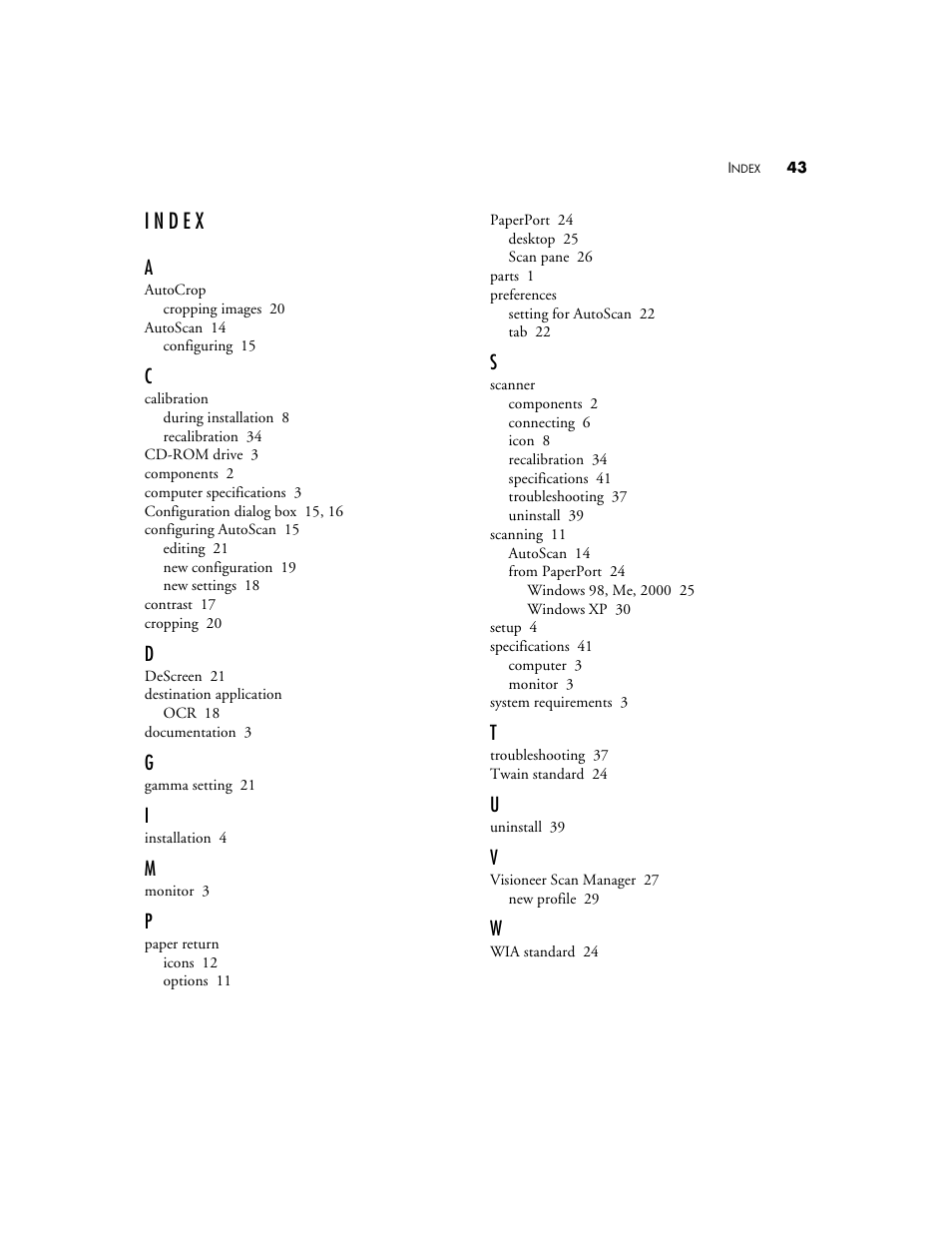 Index | Visioneer Strobe XP 200 User Manual | Page 47 / 48