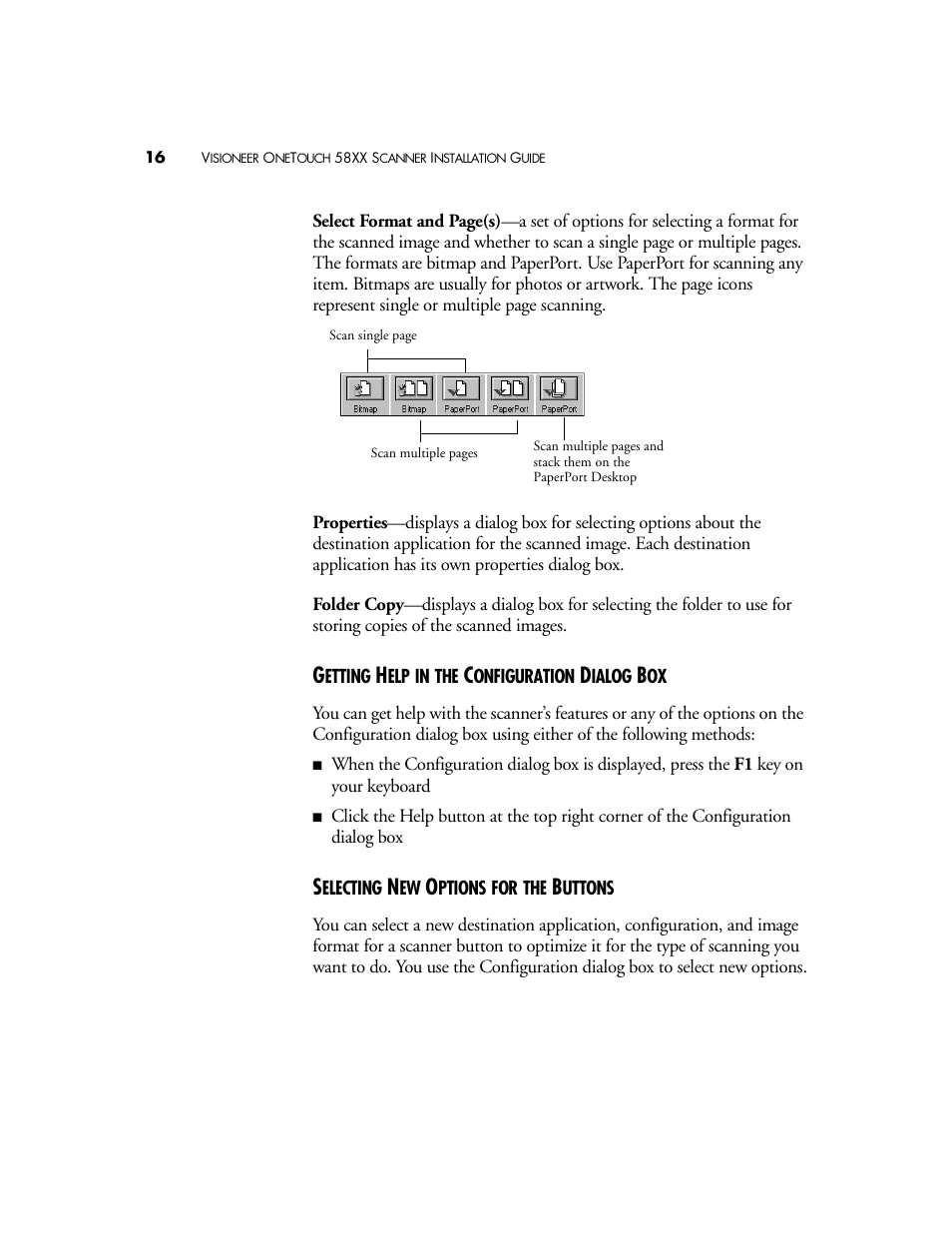 Getting help in the configuration dialog box, Selecting new options for the buttons | Visioneer OneTouch 58XX User Manual | Page 20 / 45
