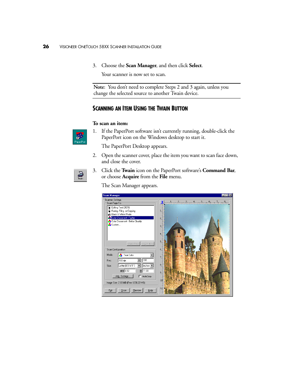 Scanning an item using the twain button | Visioneer OneTouch 58XX User Manual | Page 30 / 45