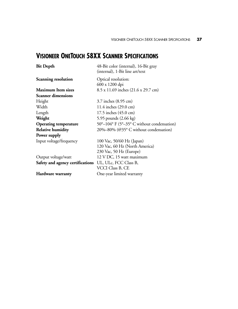Visioneer onetouch 58xx scanner specifications, 58xx s, Isioneer | Ouch, Canner, Pecifications | Visioneer OneTouch 58XX User Manual | Page 41 / 45