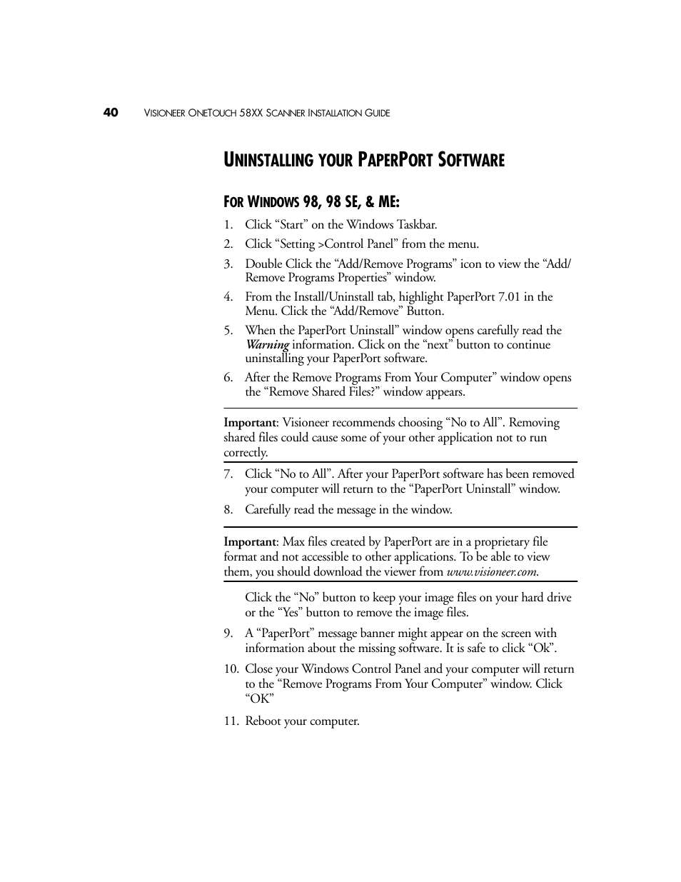Uninstalling your paperport software, For windows 98, 98 se, & me, Ninstalling | Your, Aper, Oftware | Visioneer OneTouch 58XX User Manual | Page 44 / 45