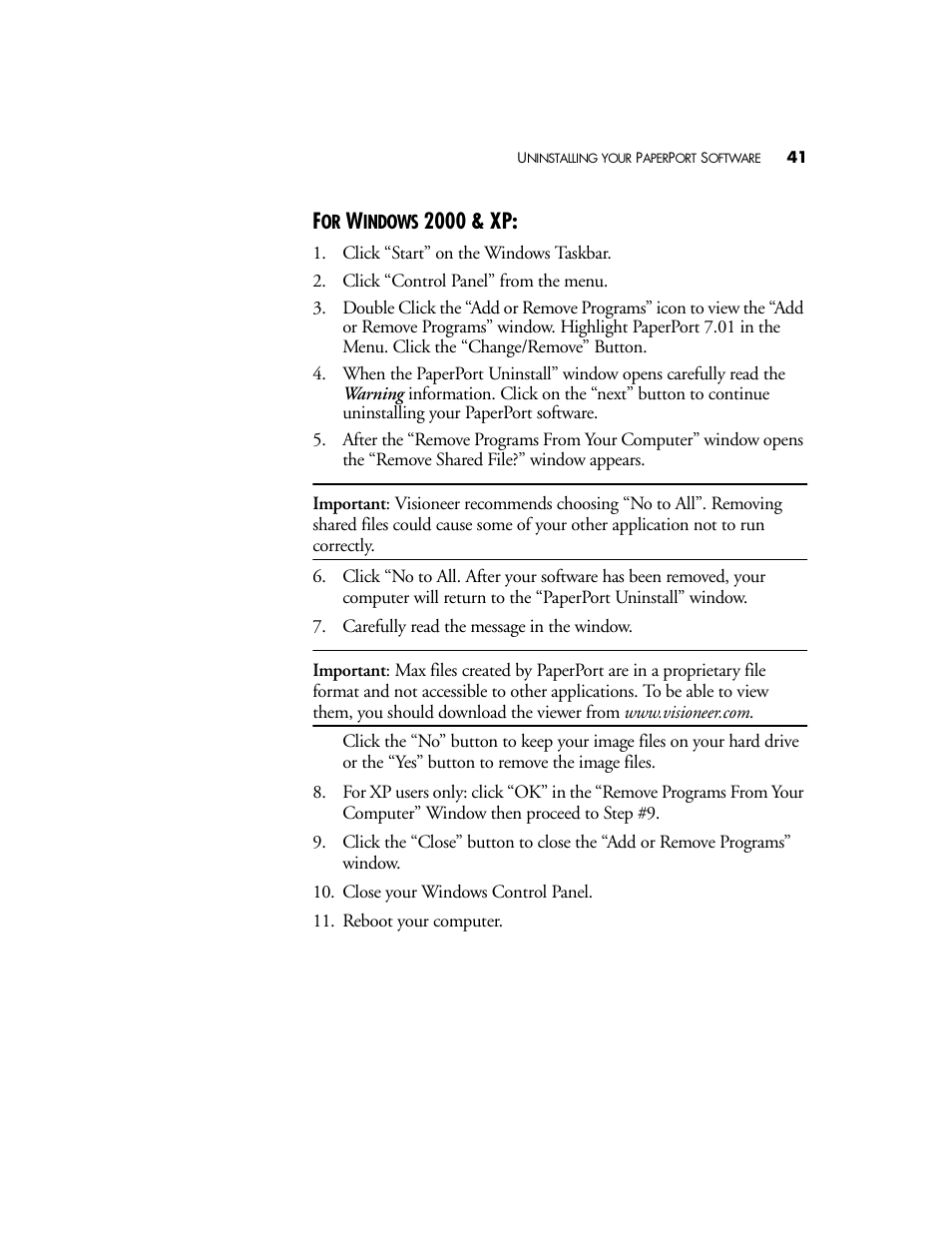 For windows 2000 & xp, 2000 & xp | Visioneer OneTouch 58XX User Manual | Page 45 / 45