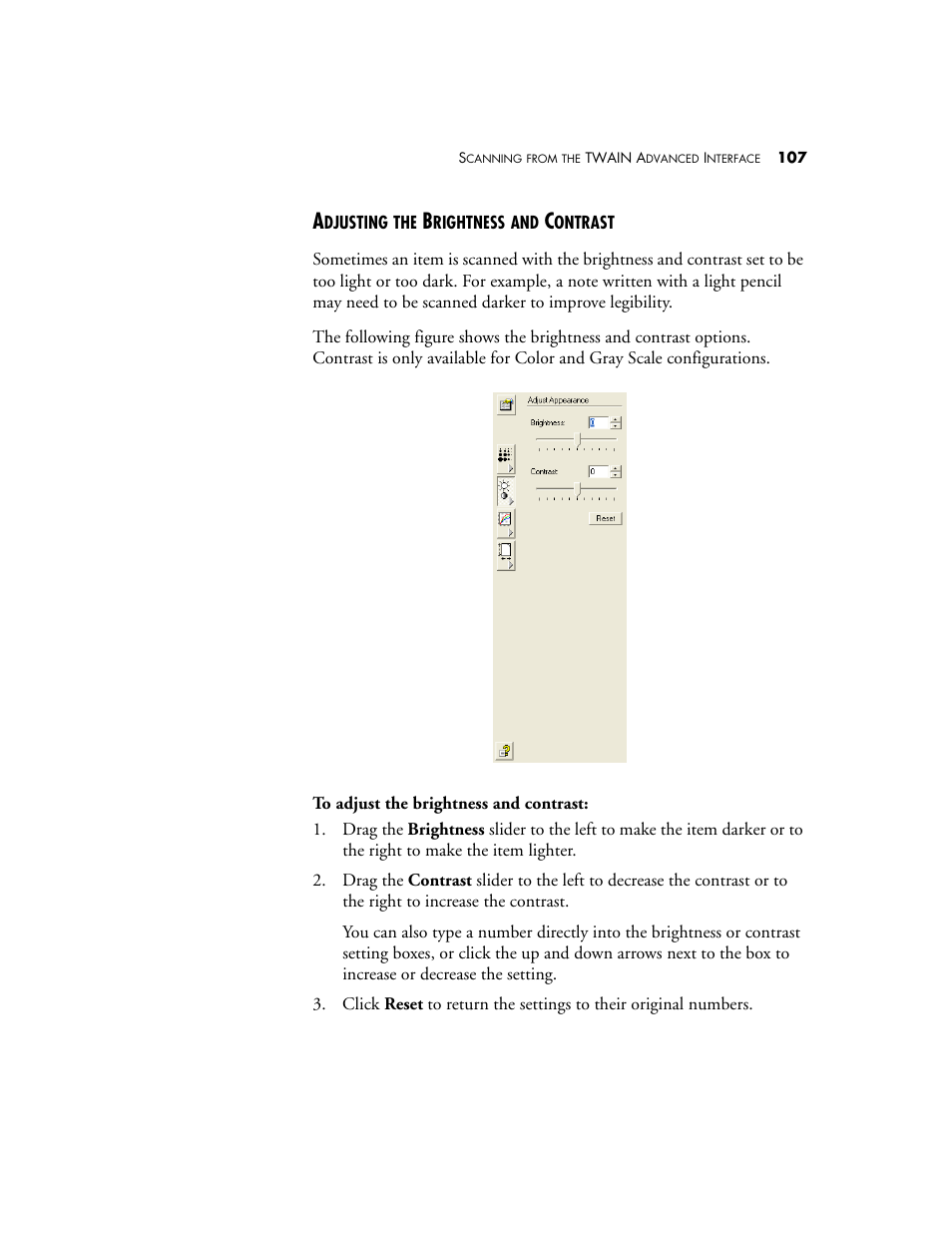 Adjusting the brightness and contrast | Visioneer 9650 User Manual | Page 114 / 158