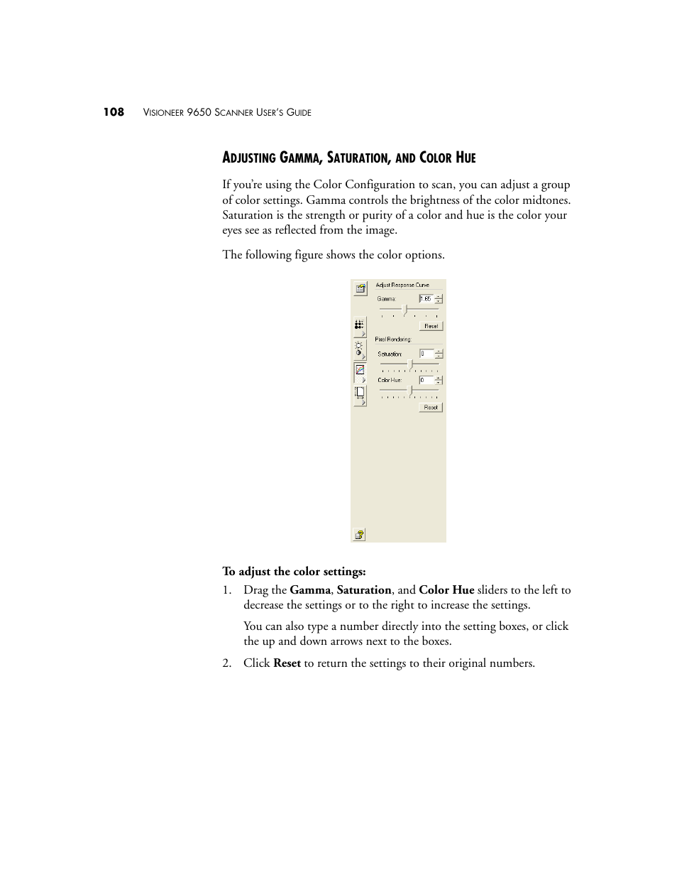 Adjusting gamma, saturation, and color hue | Visioneer 9650 User Manual | Page 115 / 158